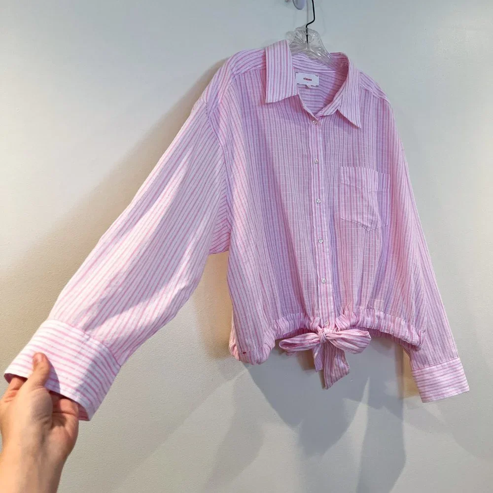 XiRENA Pink Striped Tie Front Button Down Lightweight Classic Designer Blouse XL - Picture 3 of 10